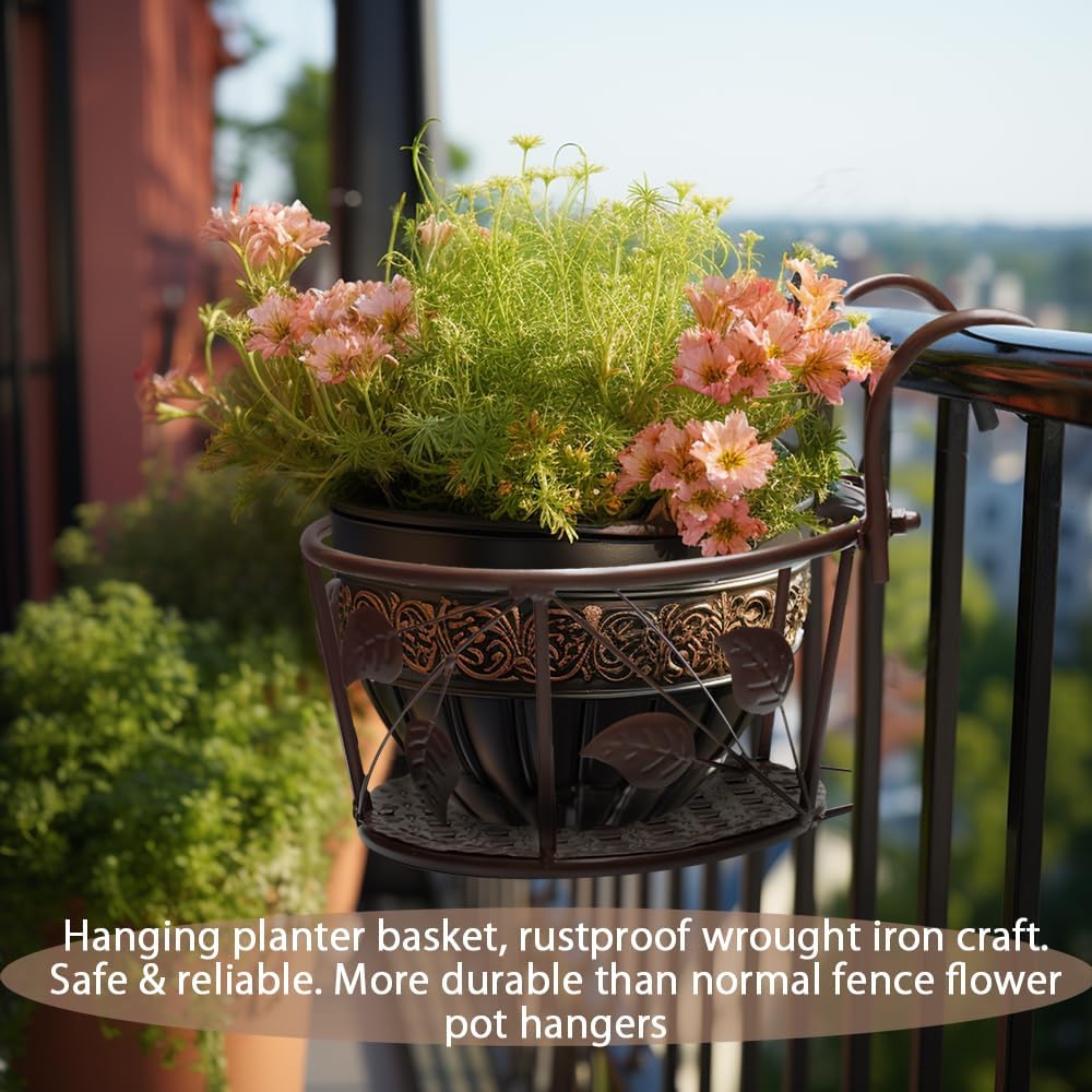 Iron Hanging Basket Flower Pot Support Home Outdoor Balcony Plant Hanging Basket Flower Pot Support Fence Planting Garden Plant Iron Product Pack of 3 (Champagne Color)