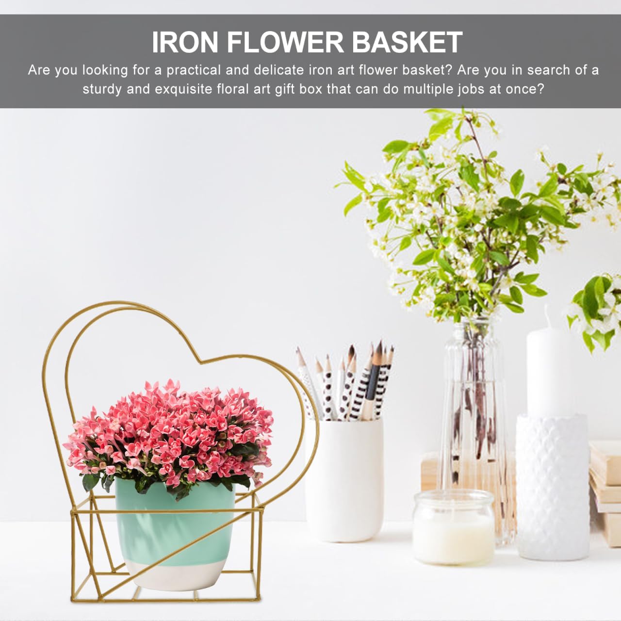 Heart Shaped Metal Basket - Valentine's Day Decor Iron Flower Pot for Romantic Wedding, Floral Arrangement Planter, Anniversary Basket & Home Wall Decor, Golden
