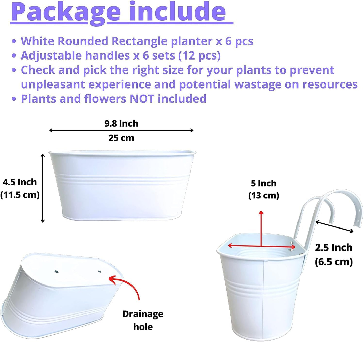 Maxona Metal Iron Hanging Flower Pots, 6 Pack, 9.8 Inch Oval White Railing Fence Hanging Bucket Pots Countryside Style Window Flower Plant Holder with Detachable Hooks Home Décor