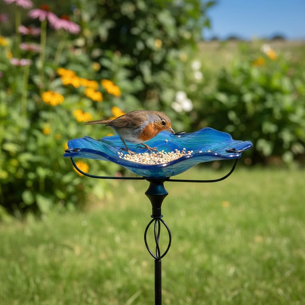 HONGLAND Bird Baths for Outside,11" Small Blue Glass Birdbaths Outdoor