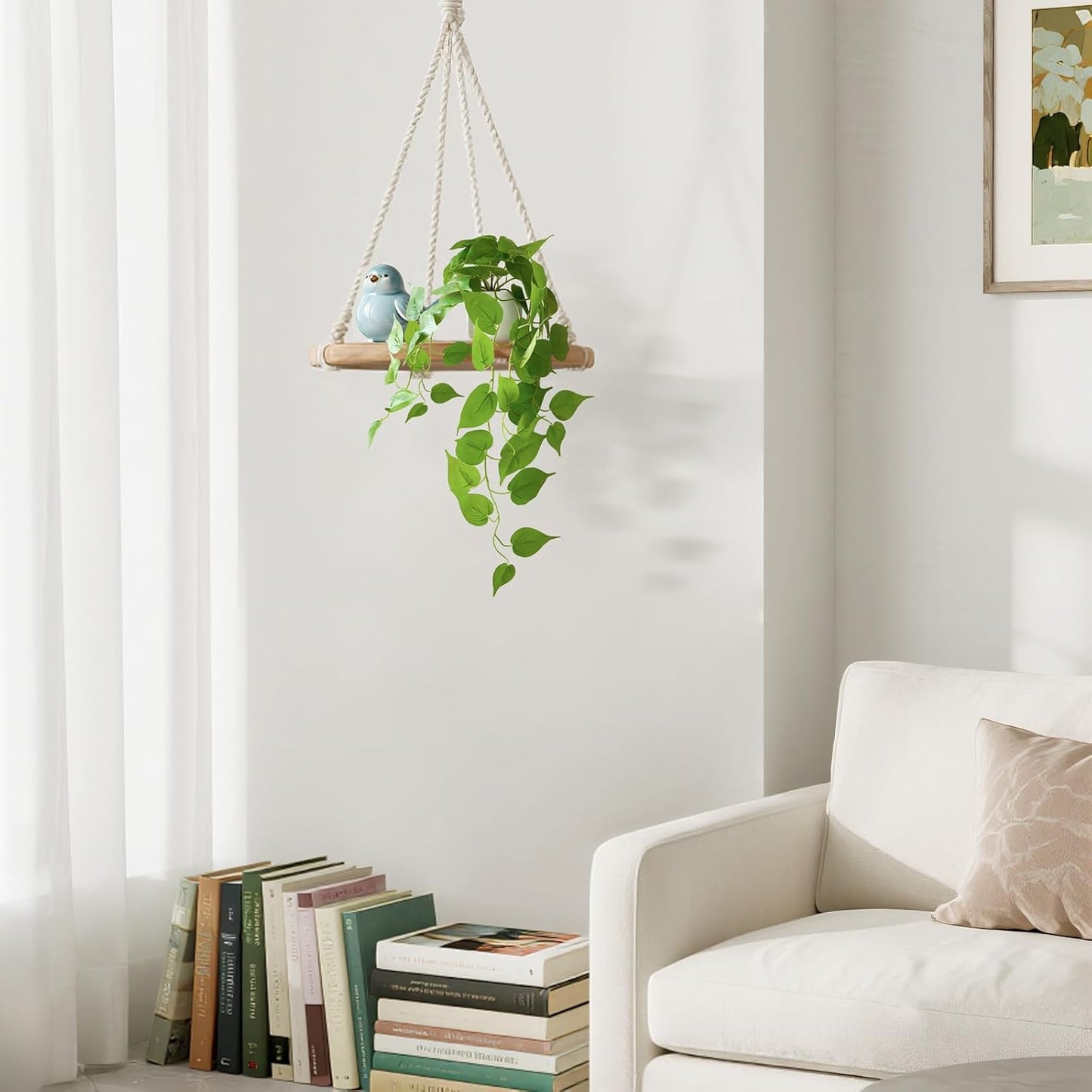 Mkono Fake Hanging Plants with Ceramic Pot, 25" Artificial Plants for Home Decor Indoor Faux Green Leaf Plant with Modern White Planter for Desk Shelf Bathroom Decoration (Pothos)