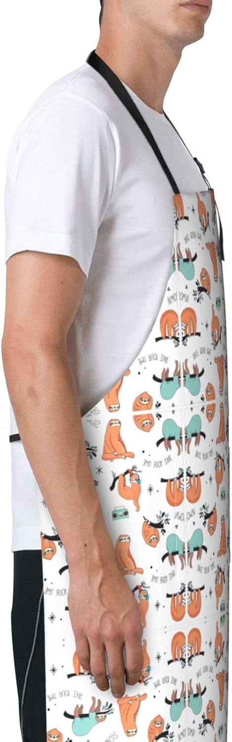 funny Cute Animal Sloth Music Print 28x33 In Adult Kitchen Apron with Pockets Versatile Chef Smock for Cooking Baking
