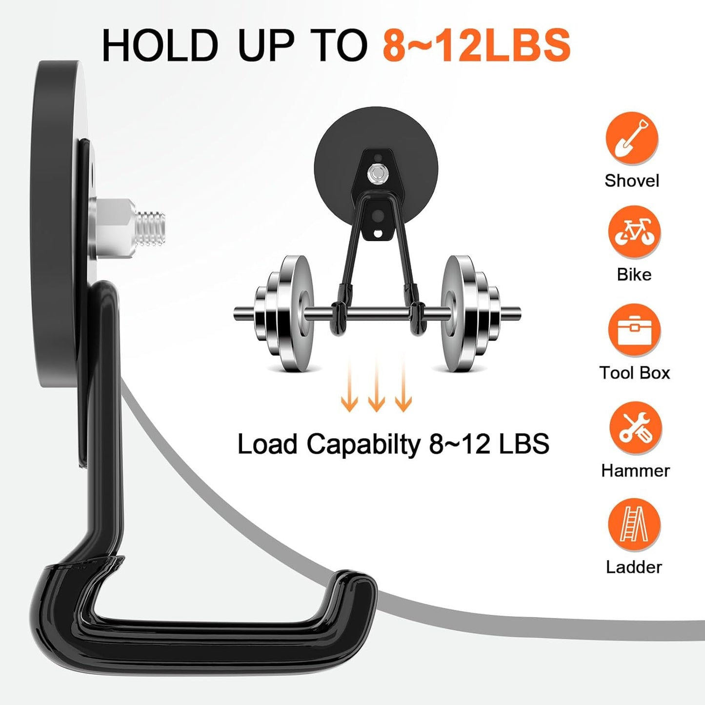 ENUODA Strong Magnetic Hooks Heavy Duty Upgraded Magnets with Hooks Magnetic Garage Hooks for Hanging Shovel, Broom, Wreath, Garden Tool, Toolbox, Shed, Gargae, Locker, 4PCS