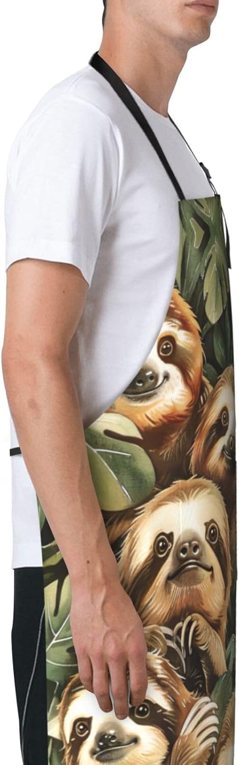 Cute Sloth print Waterproof chef's apron with pocket apron for kitchen cooking baking barbecue and gardening