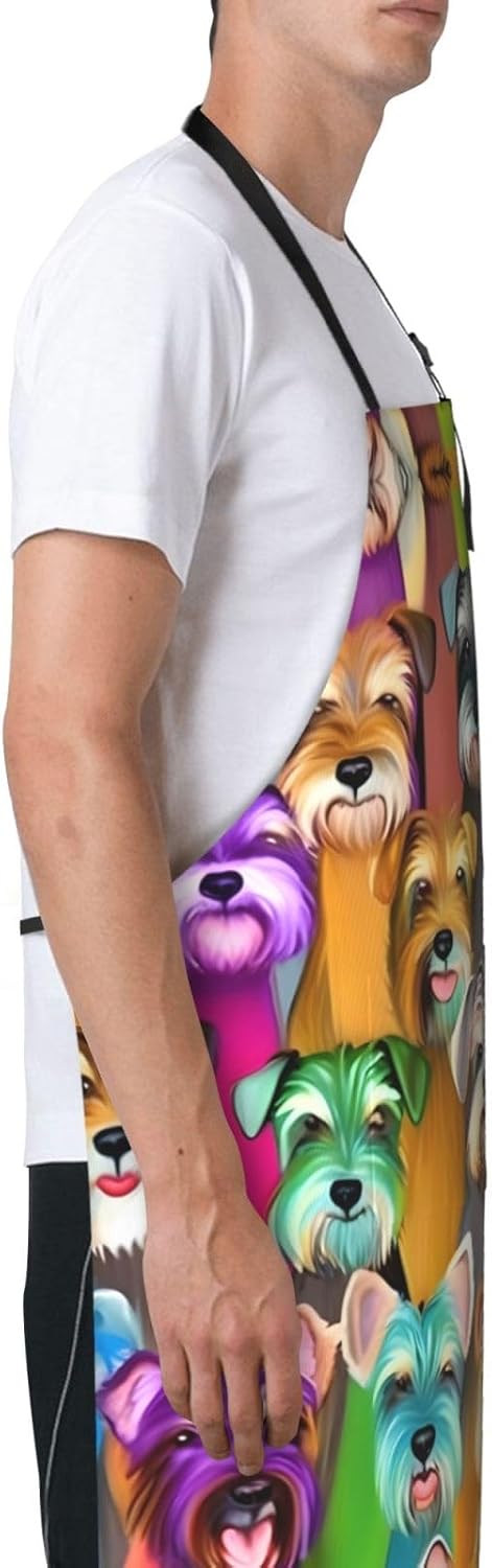 Oil Cute Schnauzer Dogs print Waterproof apron with pocket adjustable 