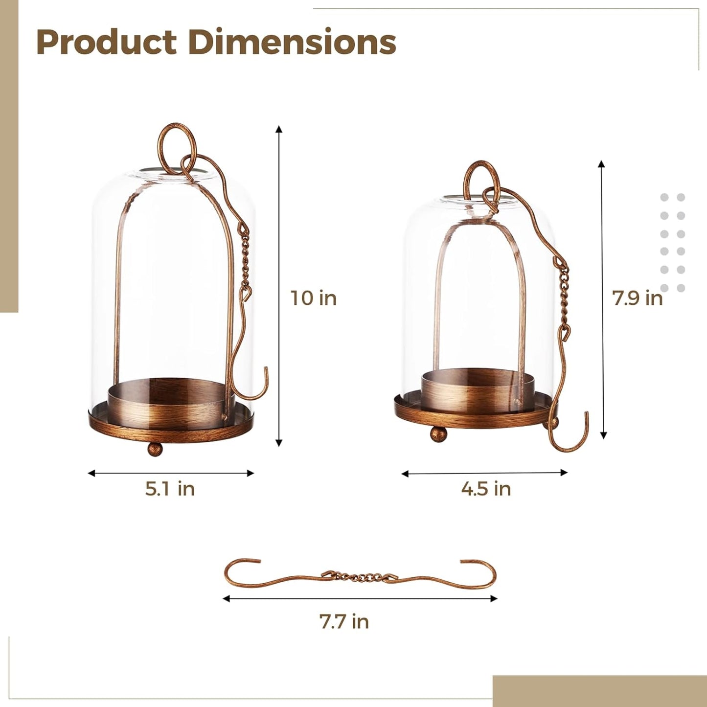 2 Pcs Glass Dome Candle Holders with Cloche Cover, Hanging Candle Lanterns with Hooks, Vintage Glass Cloches with Metal Base, Decorative Plant Display Stands for Tabletop, Mantel, Shelf