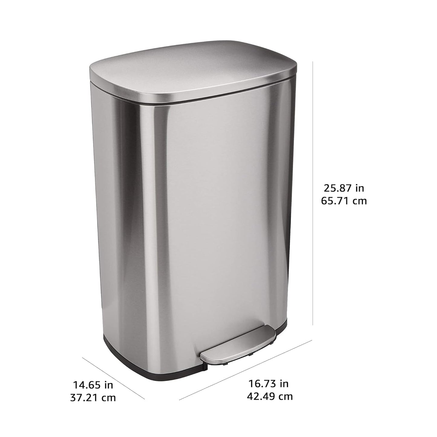 Amazon Basics Smudge Resistant Rectangular Trash Can with Soft-Close Lid, Foot Pedal, Removable Inner Bucket, 50 Liter/13.2 Gallon, Brushed Stainless Steel, Satin Nickel Finish