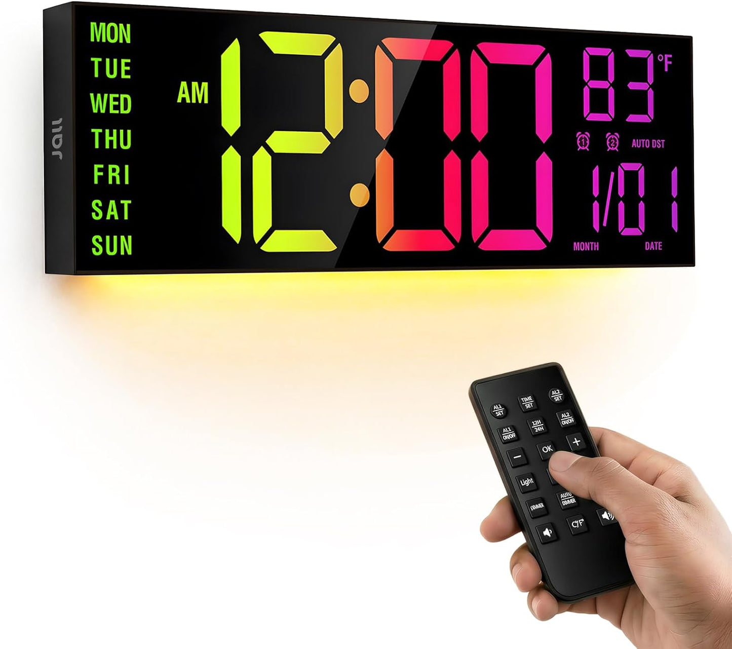 JALL 16.15 inch Large Digital Wall Clock, RGB Lights with Remote Control, Dual Alarms with Big LED Display, Auto DST, C° / F° Temperature for Classroom, Birthday Gift, Senior