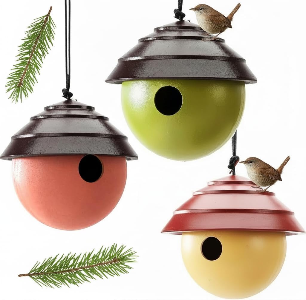 3pc Composite Clay Bird House for Outside, Water Proof Hanging Birdhouse. Squirrel Proof Mordern Design Style Nest Box. Super Lasting for Outdoor. 1-1/8" Hole Size for Wrens and Chickadees