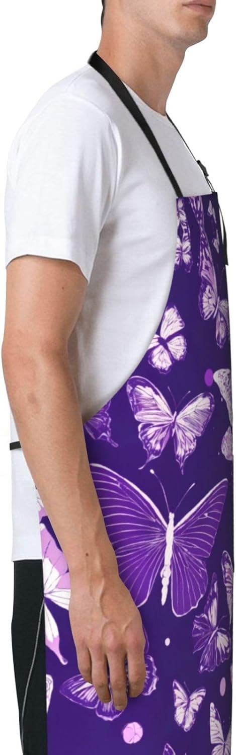 Purple Butterflies Floral print Waterproof chef's apron with pocket apron for kitchen cooking baking barbecue and gardening