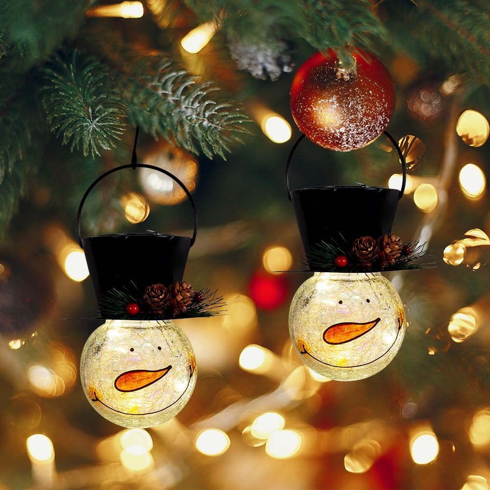 Viveta 2Pack Snowman Solar Lantern,Christmas Outdoor Hanging Lanterns, Waterproof Solar Lantern with Crackle Glass Ball for Garden Patio Yard Decor (Pinecone)