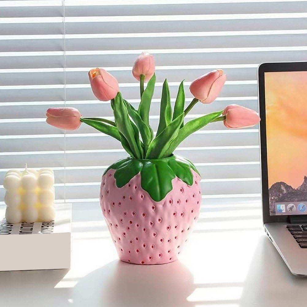 Strawberry Vase for Flowers, Decorative Fruit Vase, Strawberry Shaped Planter Pot with Green Leaves for Table Centerpiece, Spring Home Kitchen Decor