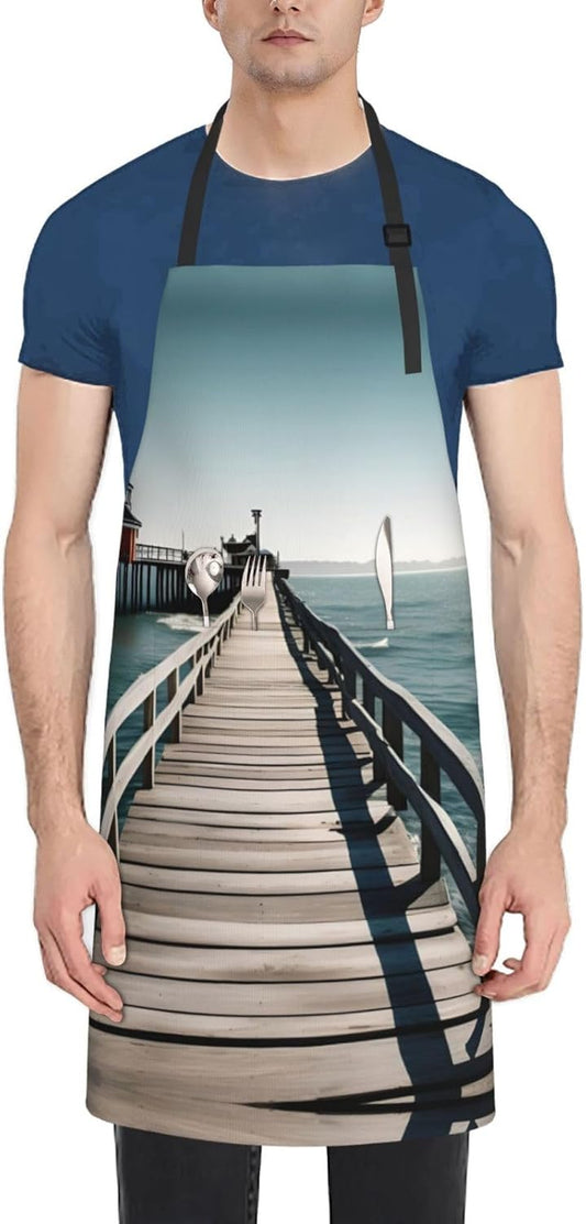 Coastal Pier print Waterproof chef's apron with pocket apron for kitchen cooking baking barbecue and gardening