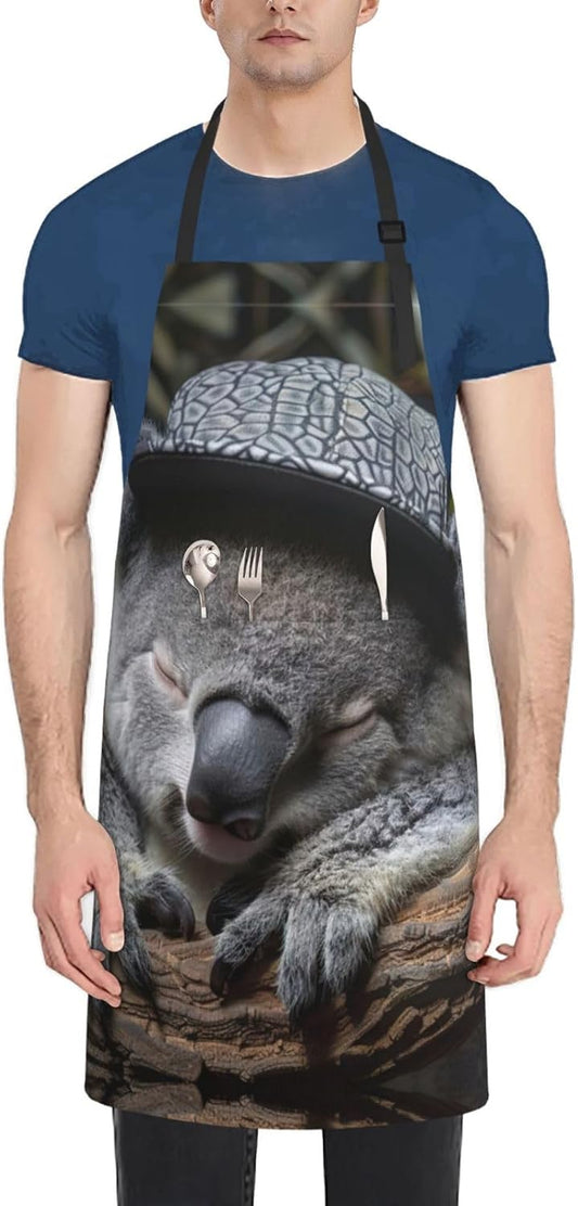 sleeping koala cap print Waterproof chef's apron with pocket apron for kitchen cooking baking barbecue and gardening