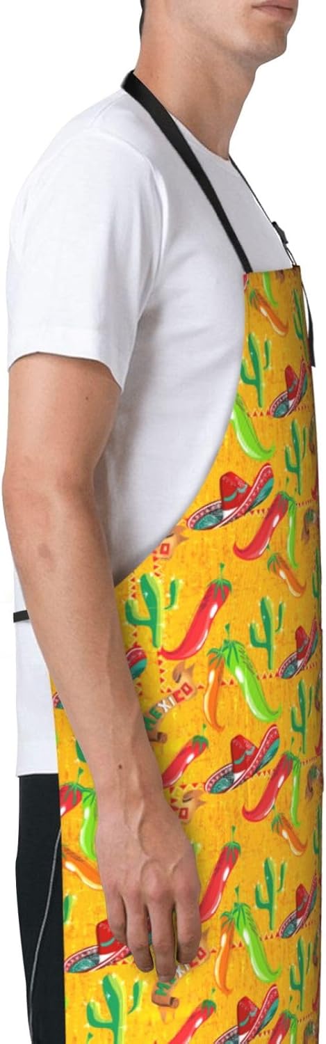 Cactus Hat and Chili Pepper print Waterproof apron with pocket adjusta