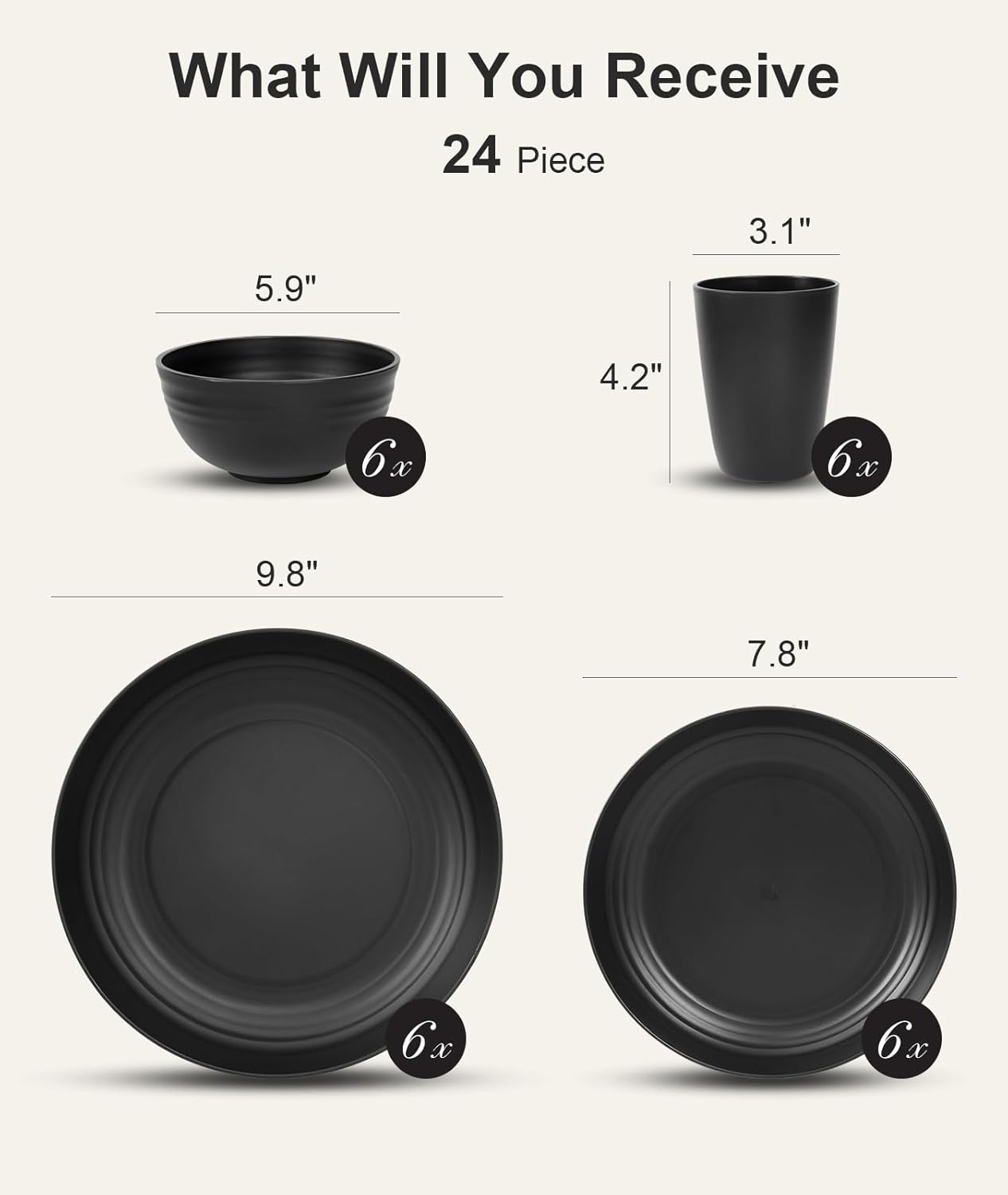 Quatish 24 Piece Plates and Bowls Sets for 6, Unbreakable Dinnerware S