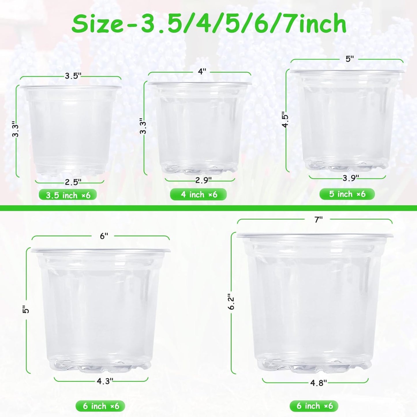 30 Pack 3.5/4/5/6/7 Inch Clear Nursery Pots with Drainage Holes, Trans