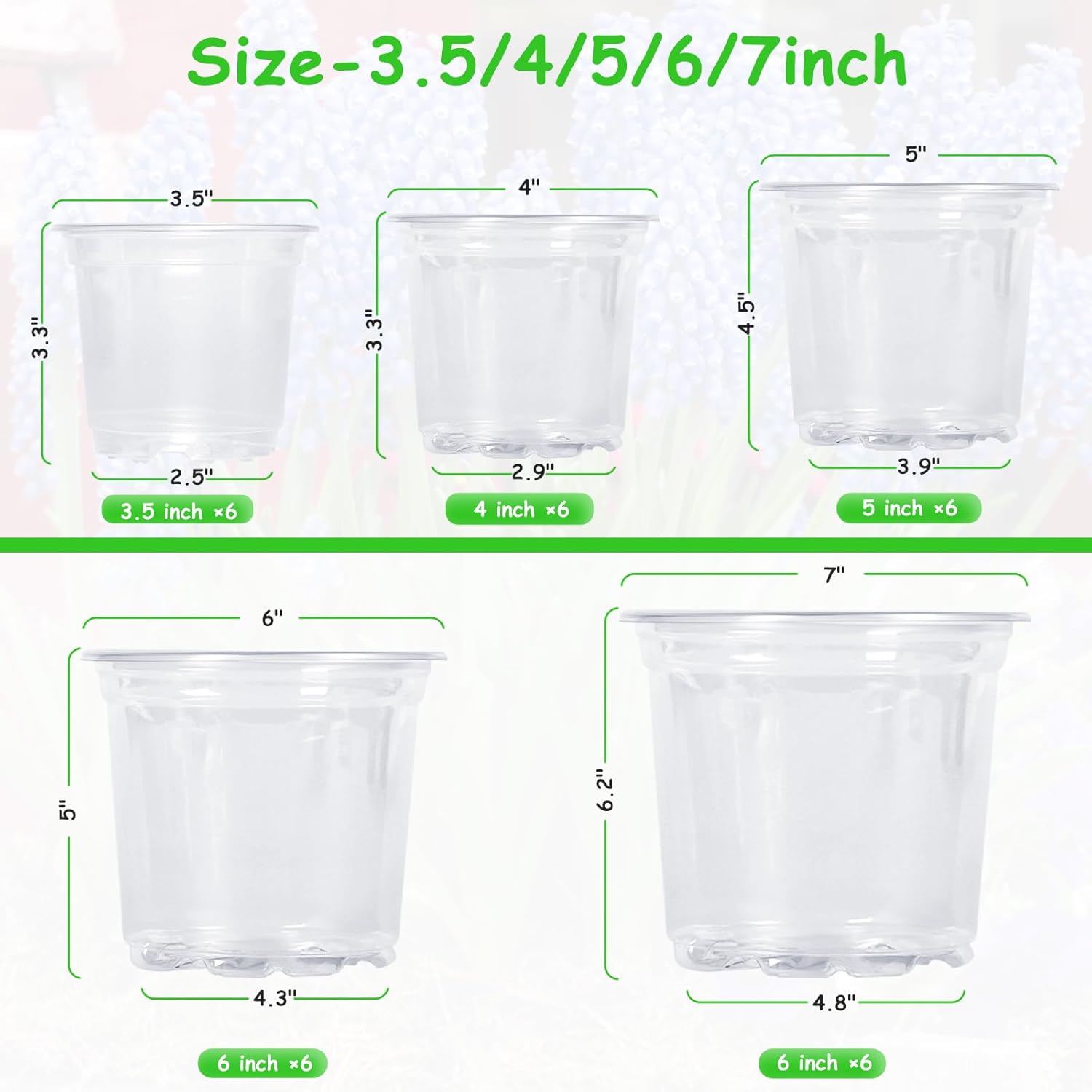 30 Pack 3.5/4/5/6/7 Inch Clear Nursery Pots with Drainage Holes, Trans