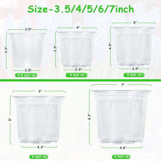 30 Pack 3.5/4/5/6/7 Inch Clear Nursery Pots with Drainage Holes, Trans