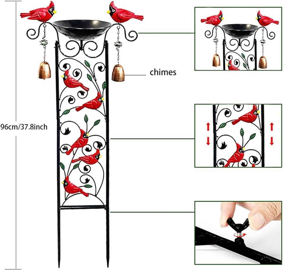 Metal Bird Bath with Trellis,Metal Bird Bath For Outside Decorative Birdbath with Cardinal, Small Garden Plant Support, Antique BirdBath for Climbing Plants with Detachable Iron Bowliron pots