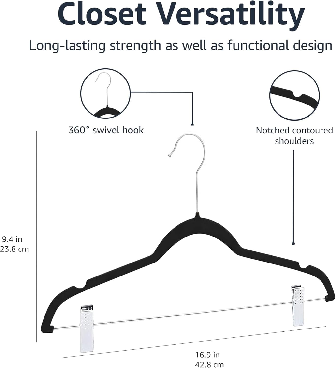 Amazon Basics Velvet Non-Slip Skirt Clothes Hangers with Clips, 360 Degree Rotatable Hook, Organize Pants and Skirts, Black/Silver, 24-Pack
