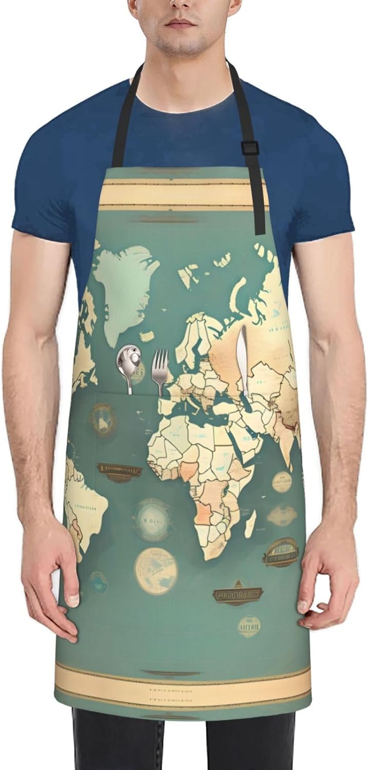 World Map Retro Print 28x33 In Adult Kitchen Apron with Pockets Versatile Chef Smock for Cooking Baking