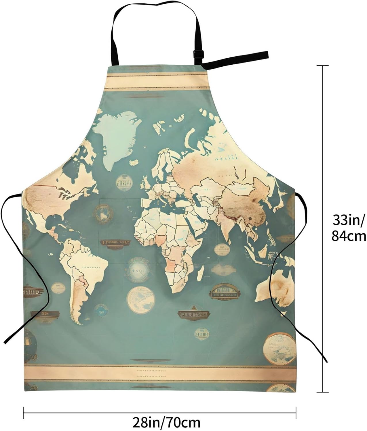 World Map Retro Print 28x33 In Adult Kitchen Apron with Pockets Versatile Chef Smock for Cooking Baking
