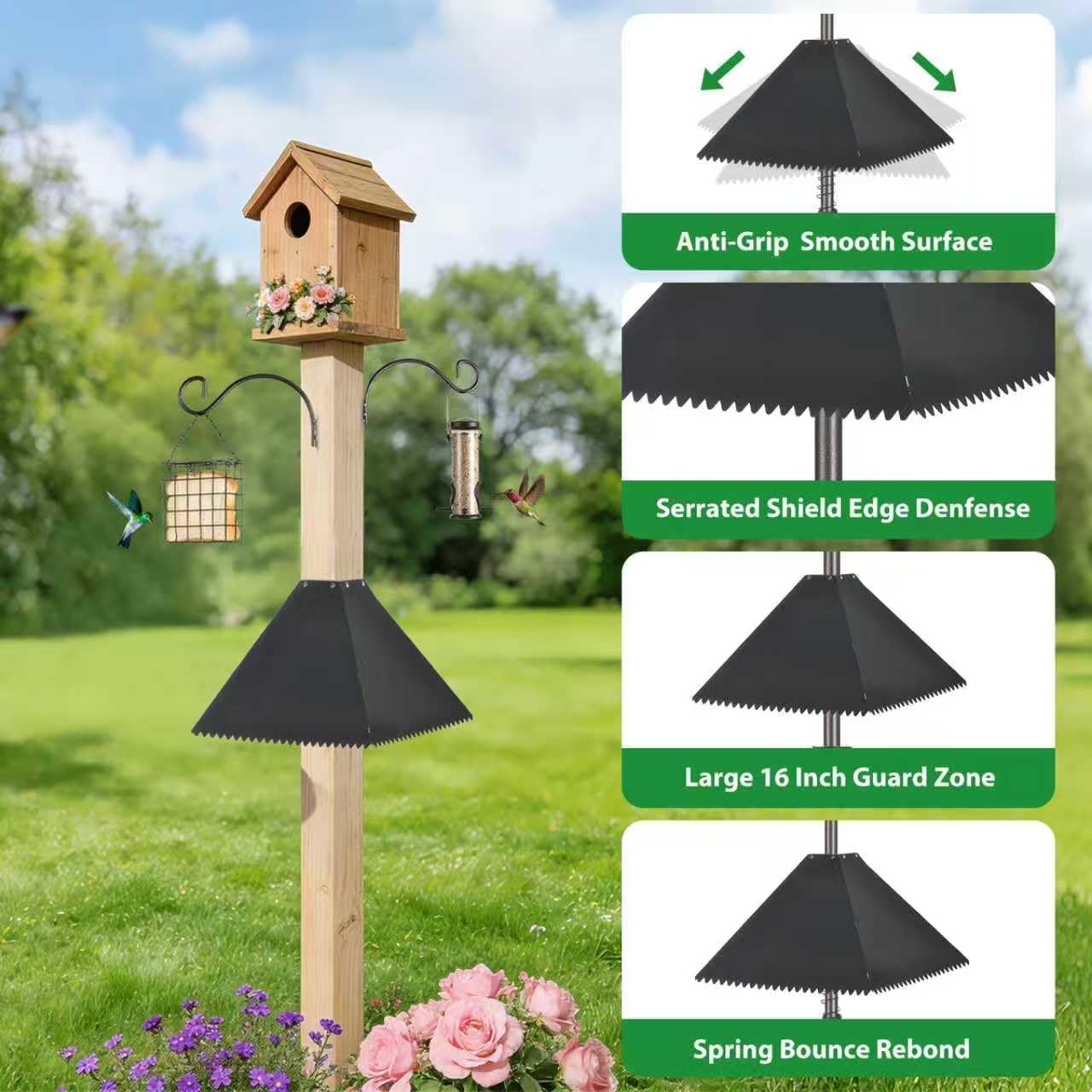 16" Metal Squirrel Baffle, Outdoor Bird Feeder Pole Squirrel Spikes Baffle, Hanging Bird Feeder for 4x4 Wooden Posts,Tree Trunks (Black,1pc)