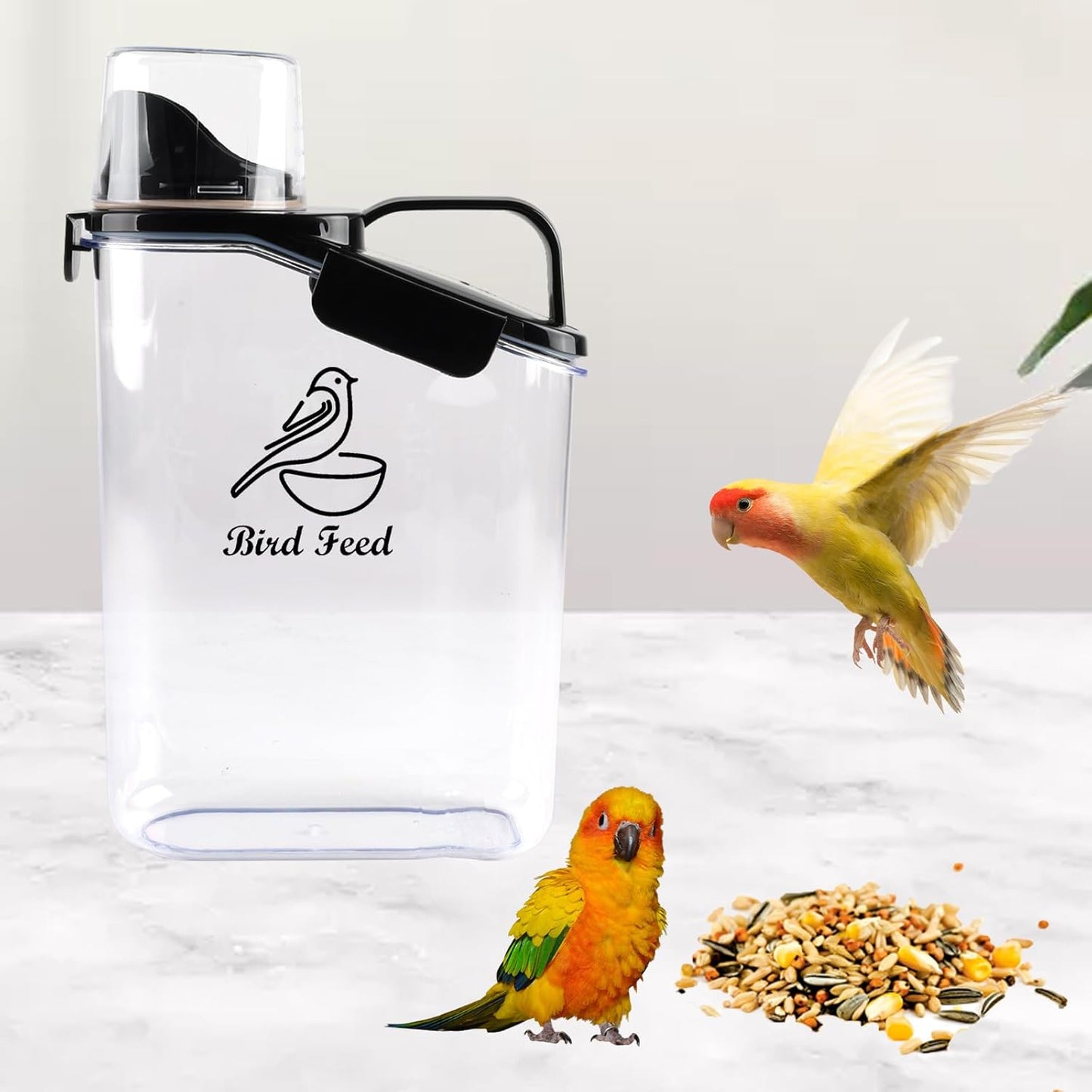 Geyecete Bird Seed Storage Container Portable-3 Qt/2.8 L Clear Plastic Airtight Wild bird Seed Dispenser food container with Measuring Cup |BPA Free