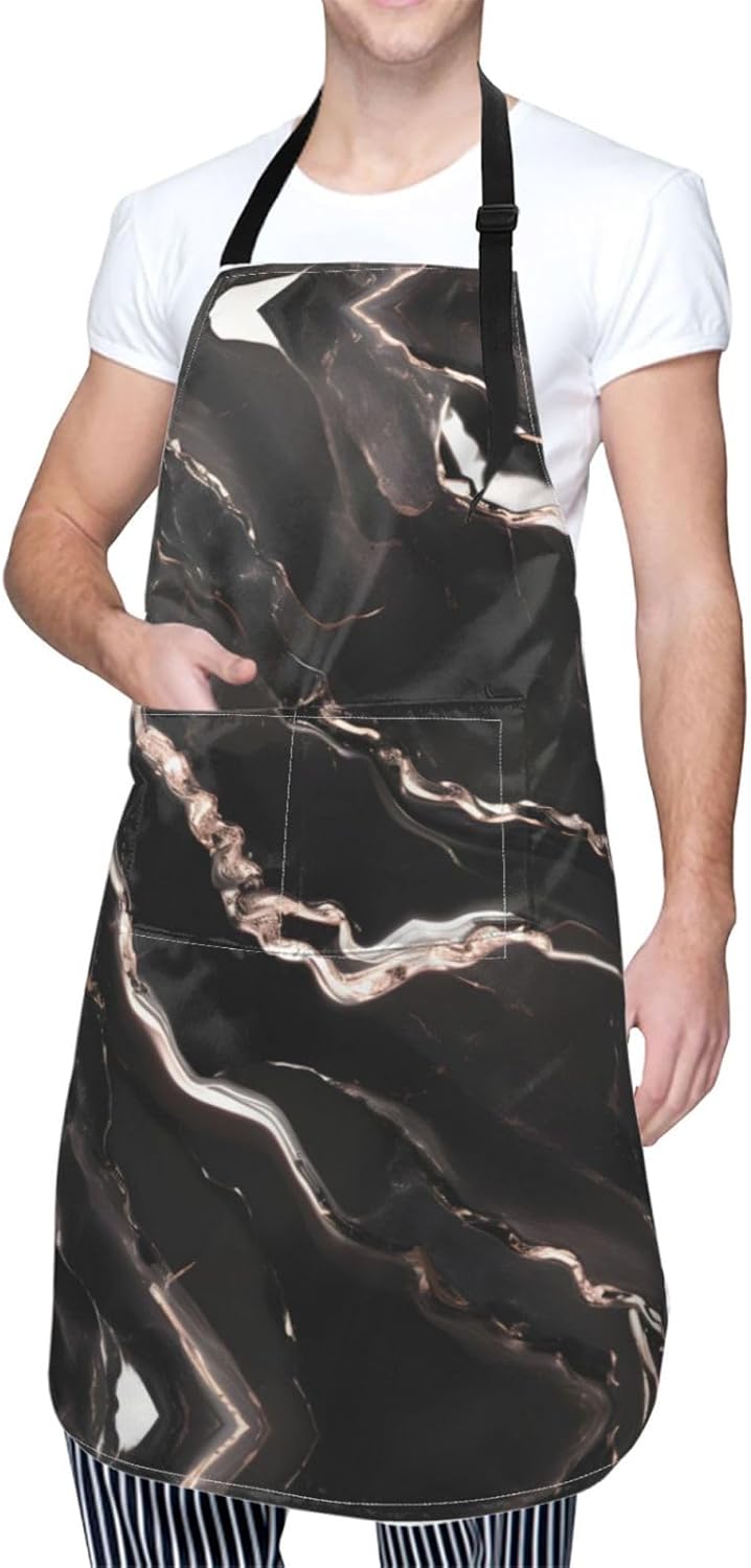 Black rose gold Marble print Waterproof apron with pocket adjustable c