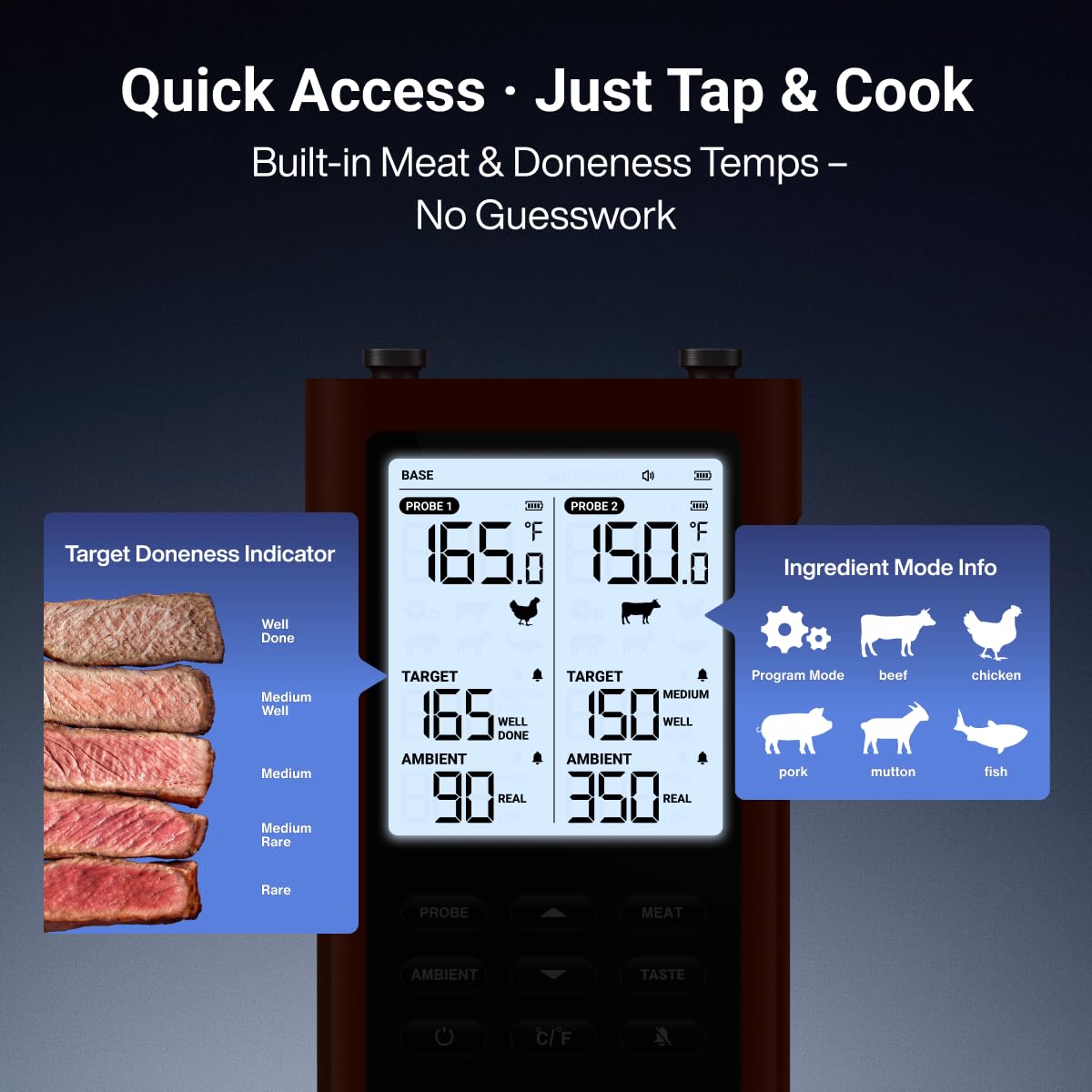 ThermoMaven 3000FT Smart Wireless Meat Thermometer, Sub-1G Long Range, 6 Sensors NIST Certified Accuracy, 2 Thin Probes, Standalone Base with Large LCD for Grill, Smoker, Oven, BBQ