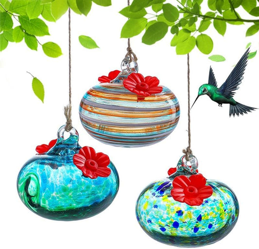 3PCS Small Glass Hummingbird Feeders for Outdoors 3inch Hand Blown Glass Humming Bird Feeder for Window Hanging Ant and Bee Proof Humming Birds Feeders