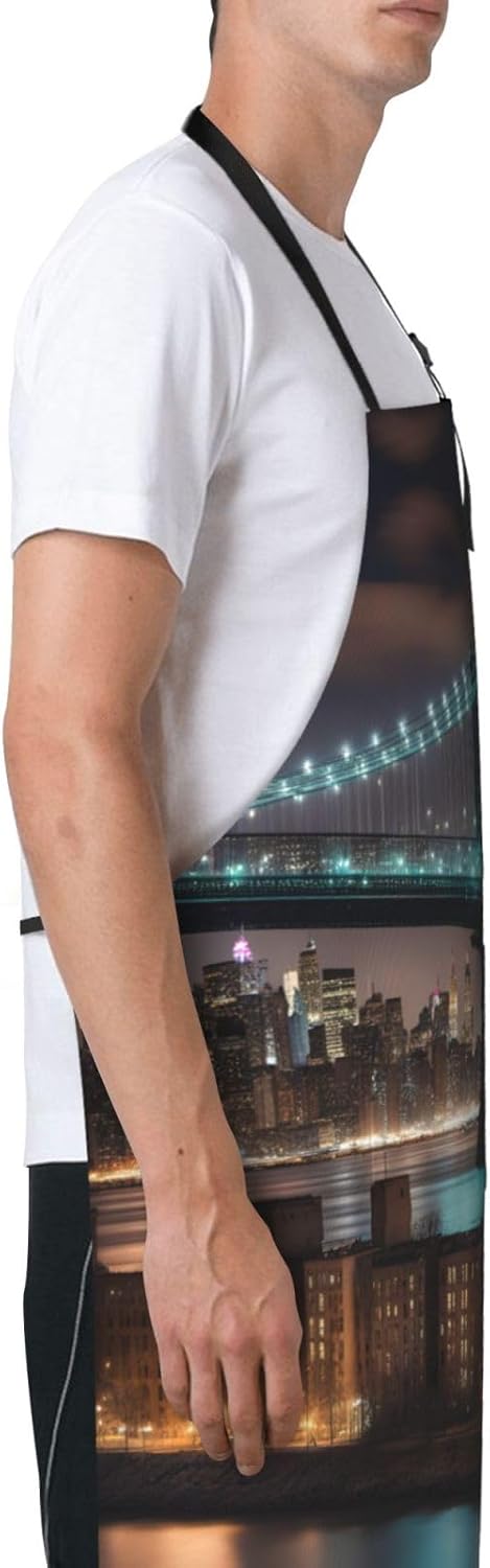 New York Manhattan Bridge Night print Waterproof chef's apron with pocket apron for kitchen cooking baking barbecue and gardening