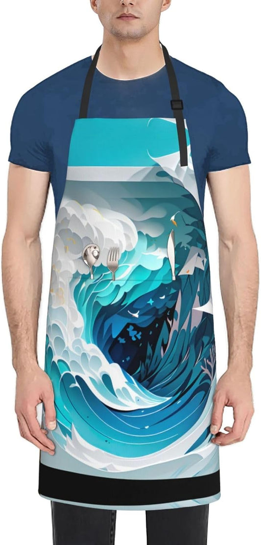 Ocean Wave print Waterproof chef's apron with pocket apron for kitchen