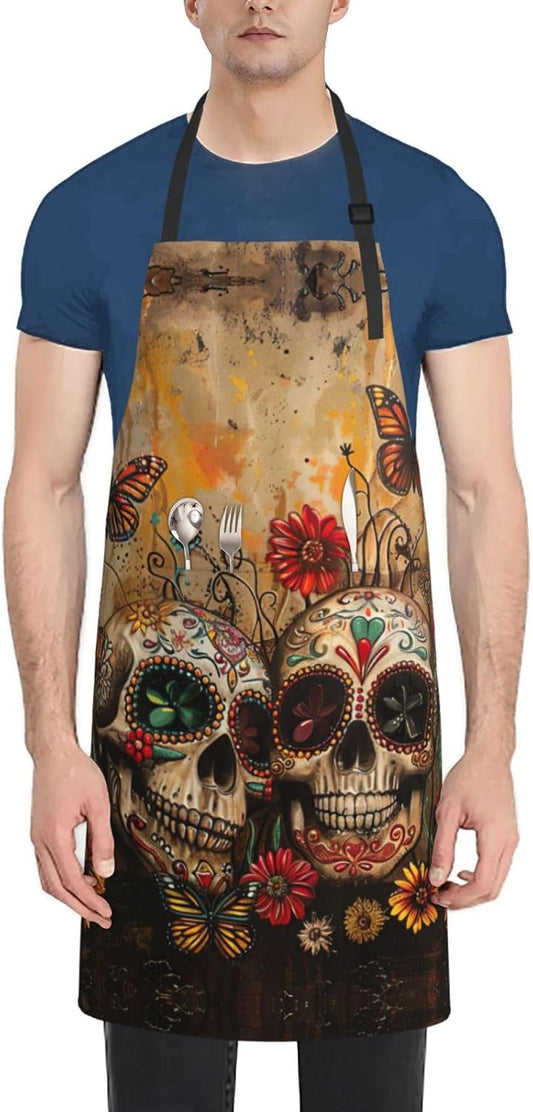 sugar skulls butterfly print Waterproof chef's apron with pocket apron for kitchen cooking baking barbecue and gardening