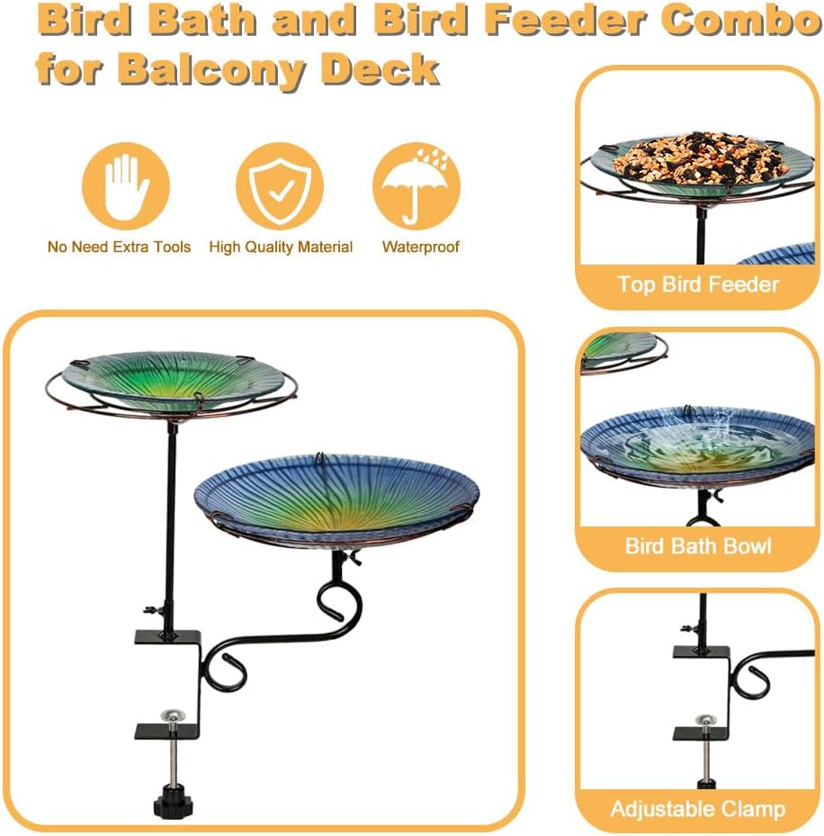 2-in-1 Deck Mounted Bird Bath for Outside Glass Birdbath Bowl & Birdfeeder with Adjustable Sturdy Metal Clamp for Railing Balcony 11" Dia, Blue