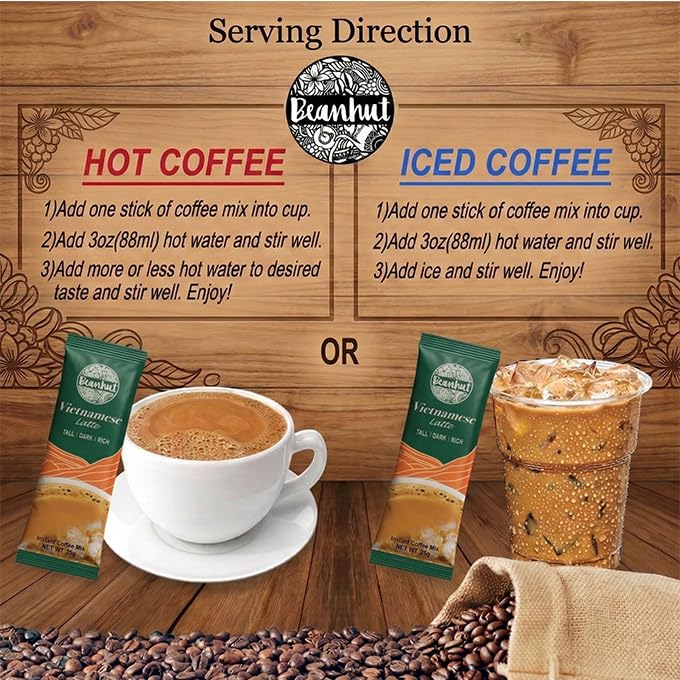 Beanhut's Vietnamese Latte, Instant Coffee Mix, 3 in 1 Coffee Mix, 25g x 50 sticks(2.75 lb)