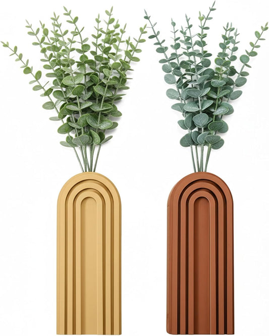 2 Pack Wood Wall Planter Vase Set with Artificial Eucalyptus, Modern Farmhouse Hanging Planters for Indoor Plants, Boho Home Wall Decor for Living Room, Bedroom, Office, Entryway, Hallway, Patio