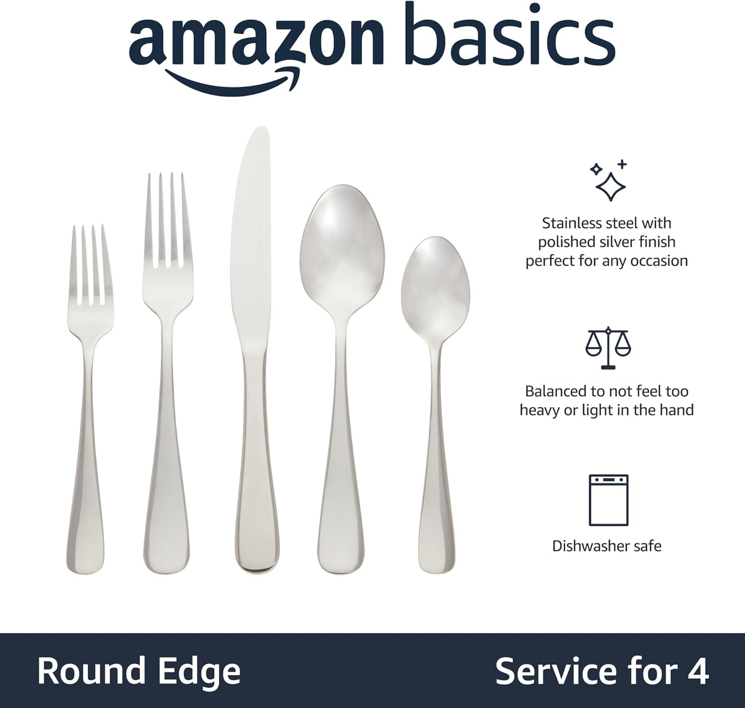 Amazon Basics Silverware Set, Stainless Steel Flatware, Dishwasher Saf