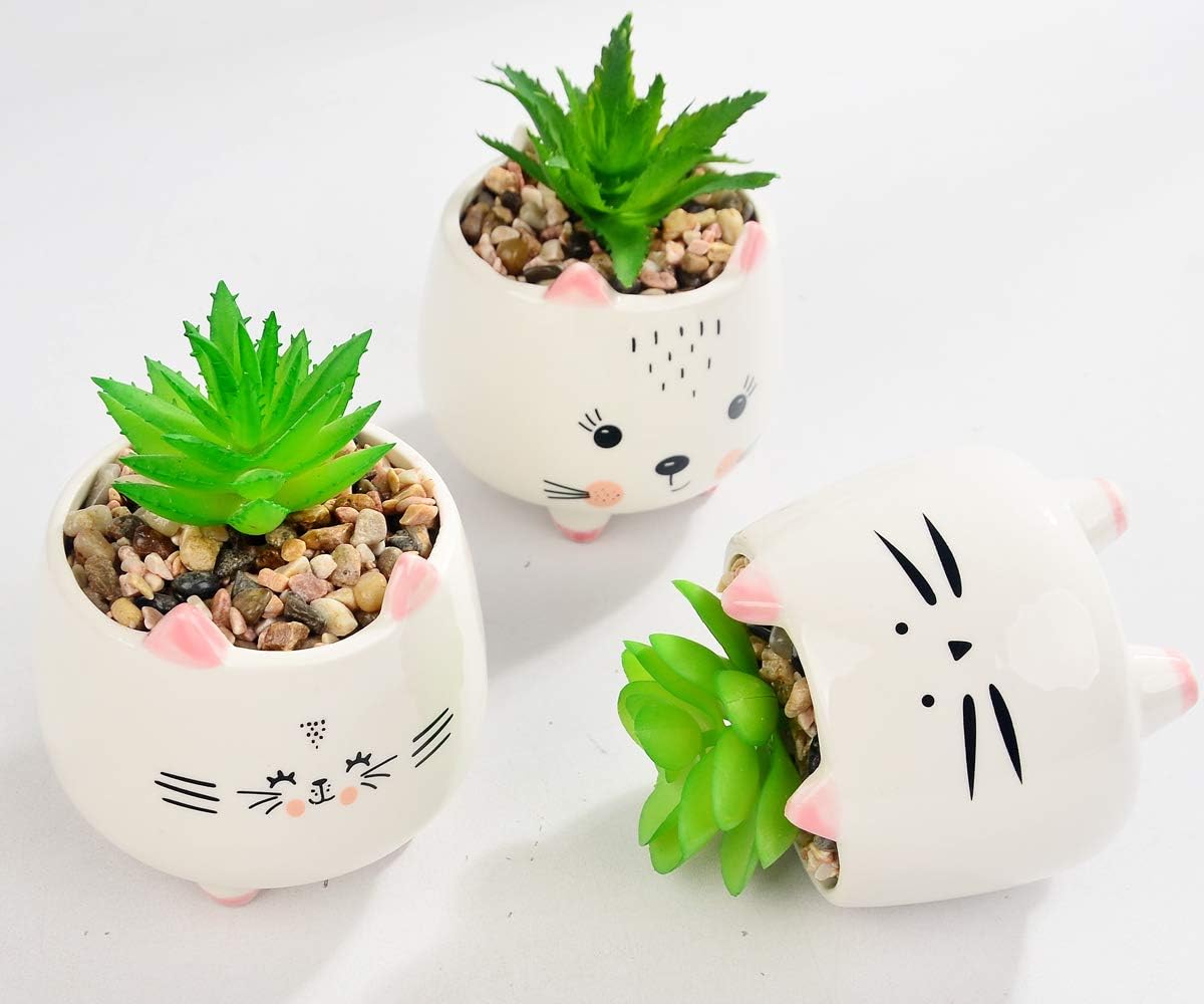 B SEPOR 3 Little Kitty Cats Small Artificial Succulents Potted with White Porcelain Pots Ceramic Animal Planter Gift Set for Home and Office Decor