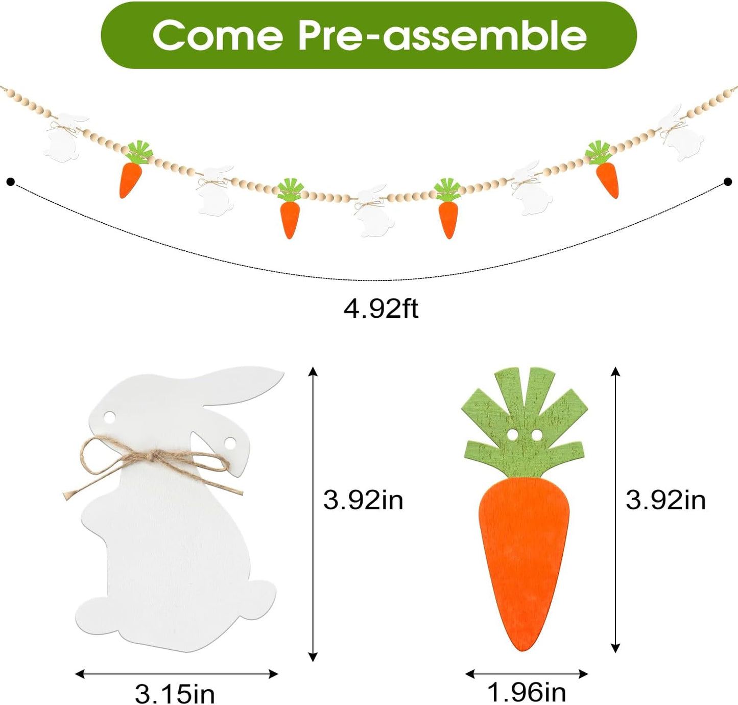 Easter Decorations Pre-Assembled Easter Garland Wooden Bunny Carrot Garland with Beads Easter Decor Rustic Banner for Mantel Fireplace Home Party Farmhouse Spring Decor Wall Decor