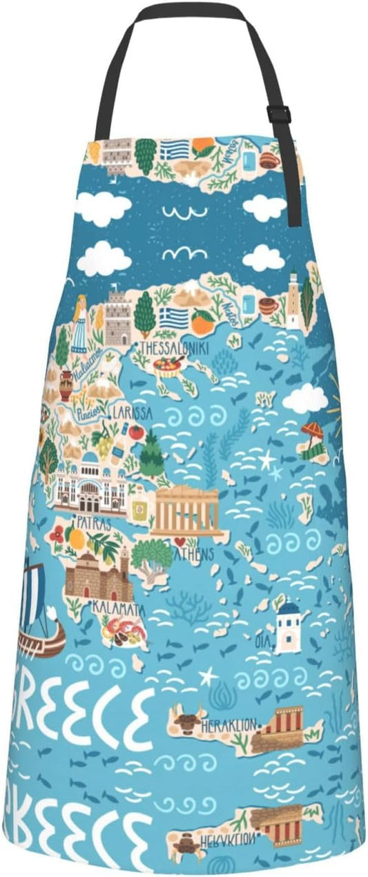 Greece Map print Waterproof apron with pocket adjustable cooking apron