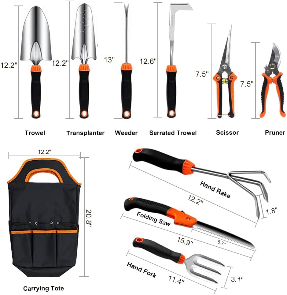 Garden Tool Set,10 PCS Stainless Steel Heavy Duty Gardening Tool Set w