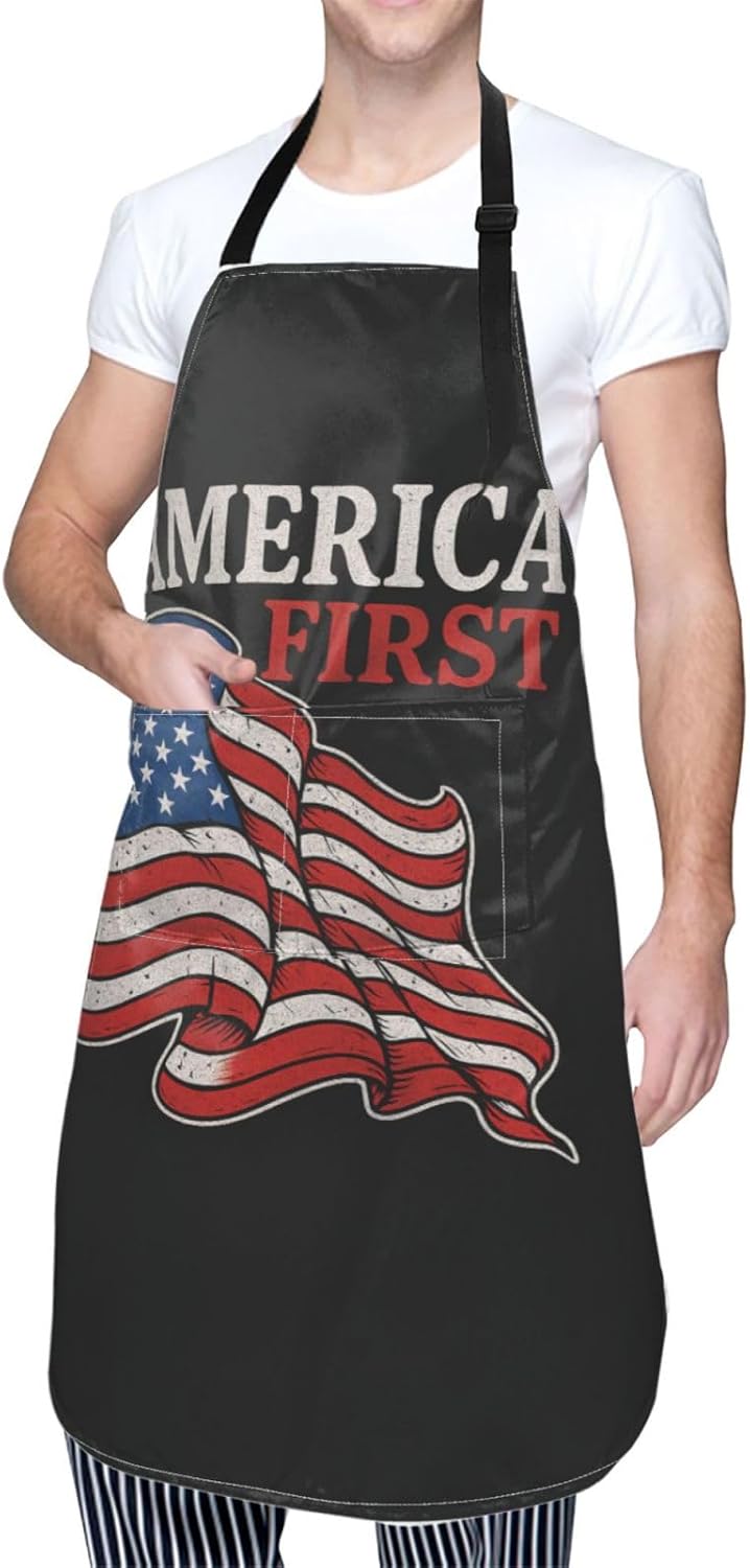 YANYU America First Print 28x33 In Kitchen Apron Stylish Chef Apron with Pockets for Cooking Baking Painting