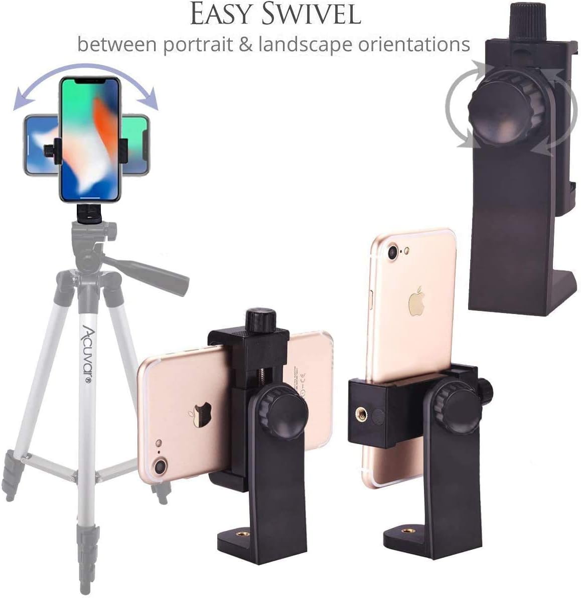 Acuvar Premium Smartphone Holder/Vertical and Horizontal Tripod Mount Adapter Rotatable Bracket with 1/4 inch Screw/Adjustable Clip for iPhone, Android Cell Phone, Selfie Stick, Camera Stand