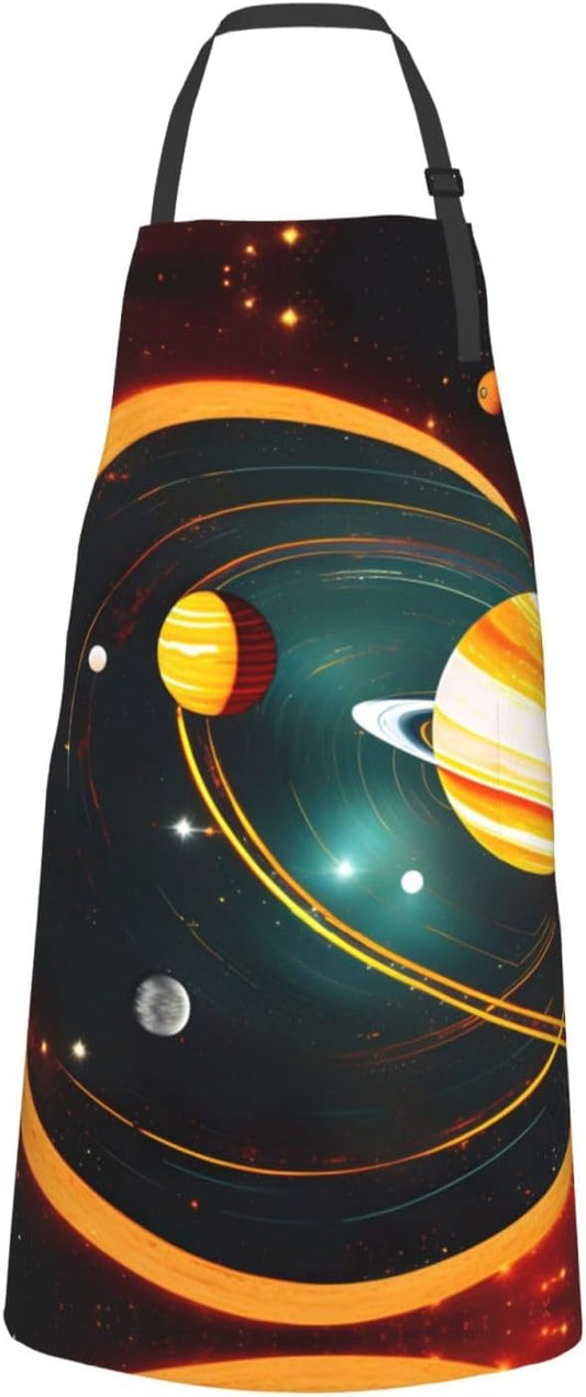 Solar System Jupiter Saturn print Waterproof chef's apron with pocket apron for kitchen cooking baking barbecue and gardening