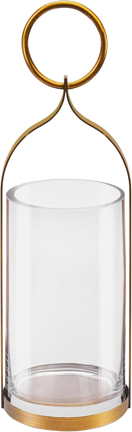 4" Wide Handmade Sturdy Glass Cylinder Jar with Metal Stand in Antique Brass, Display Glass Container for Candles and Plants, Hurricane Lantern, Candle Holder, Industrial, Farmhouse, Outdoor