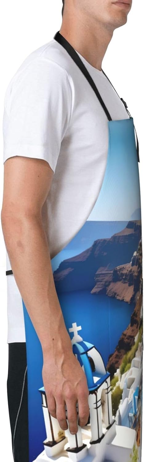 Greek Island sea View print Waterproof apron with pocket adjustable cooking apron for adult kitchen bibs to bake