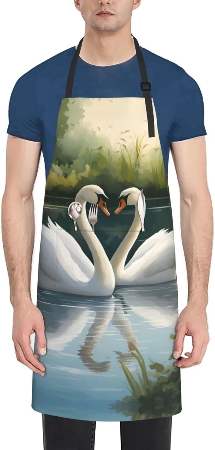 Beautiful White Swans on The Lake Print 28 x 33in Waterproof Apron with Pockets Fashionable Versatile Smock for Baking