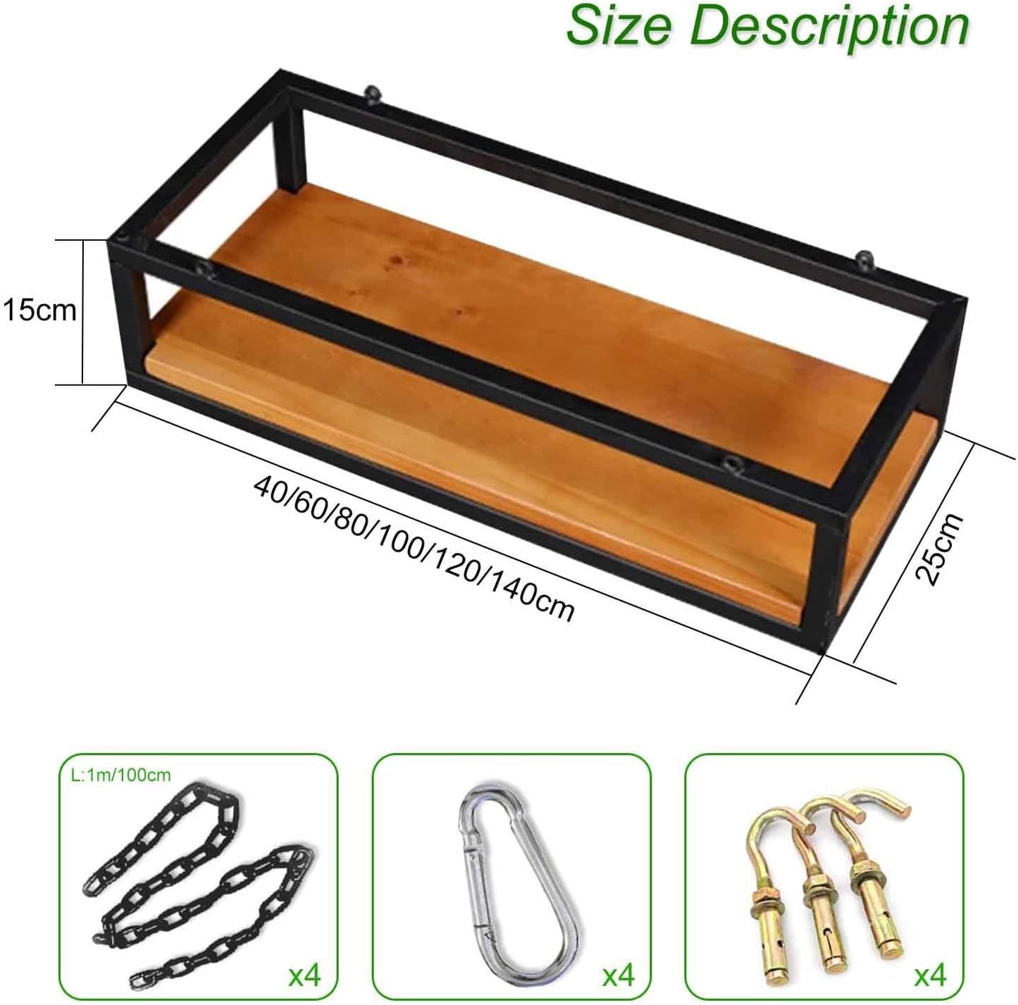 Heavy Duty Adjustable Ceiling Mount Plant Shelf, Solid Wood & Iron Hanging Pot Holder, Floating Storage Rack for Indoor/Outdoor Plants (80x25x15cm)